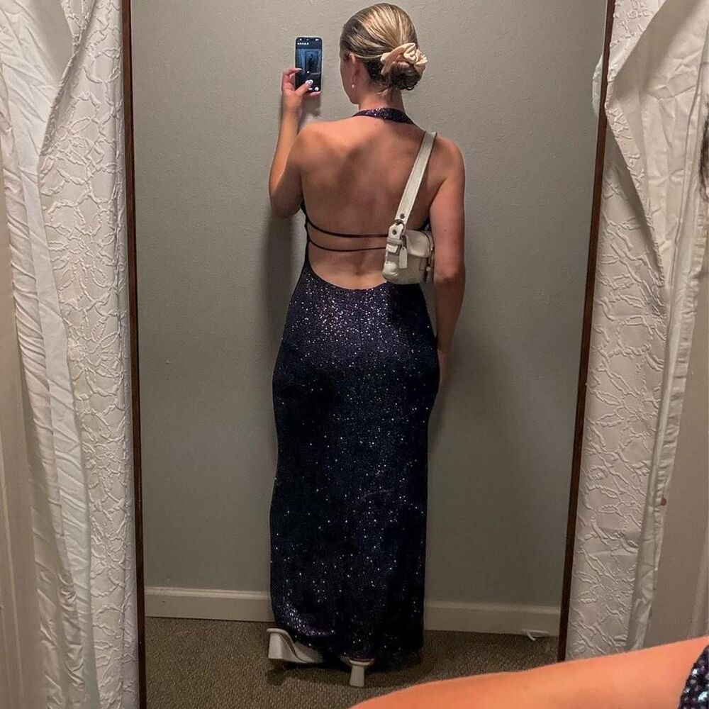 90s paper tag beaded halter slip maxi dress